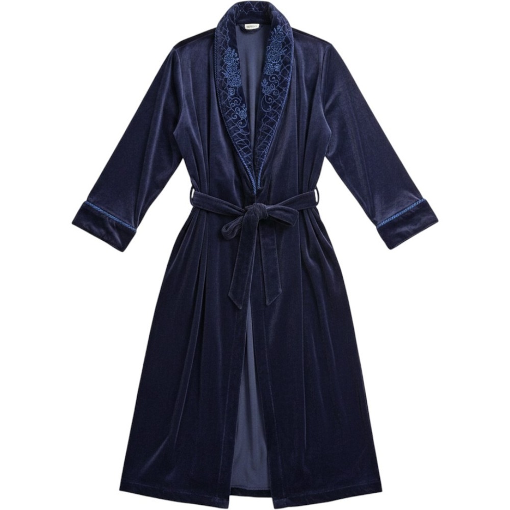 Amanda Stewart Navy Blue Velvet Robe Embroidered Shawl Collar Wrap Belted Medium